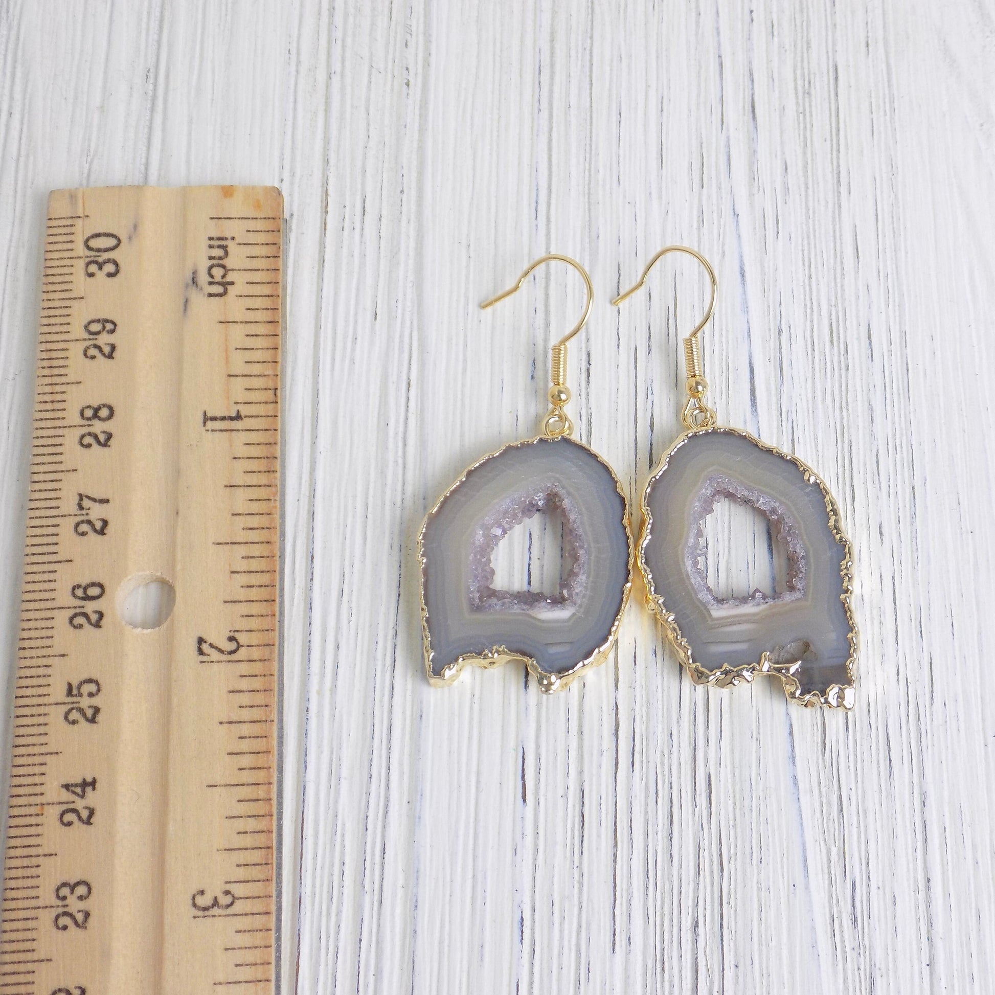 Unique Geode Earrings, Druzy Earrings, Gray Gemstone Dangle Drop, Geode Slice Gold, Bridesmaid Gift For Best Friend, G13-218