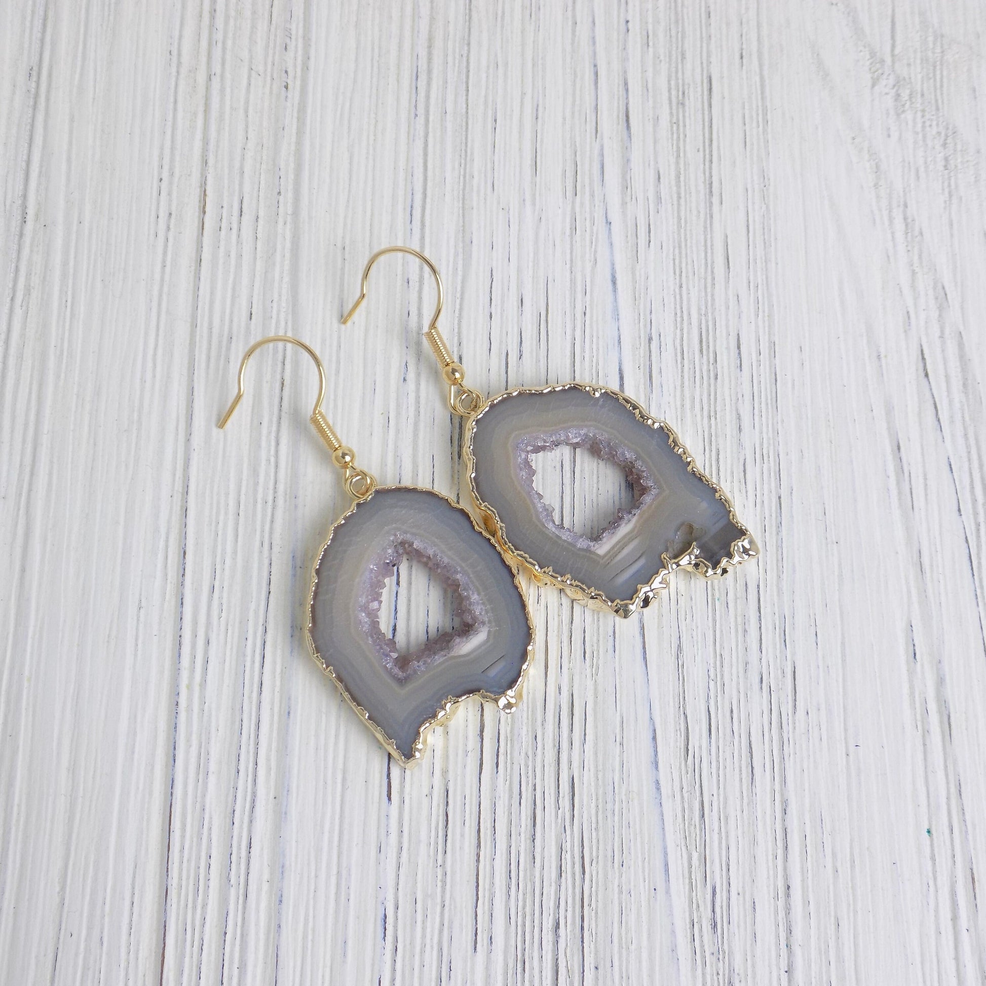 Unique Geode Earrings, Druzy Earrings, Gray Gemstone Dangle Drop, Geode Slice Gold, Bridesmaid Gift For Best Friend, G13-218