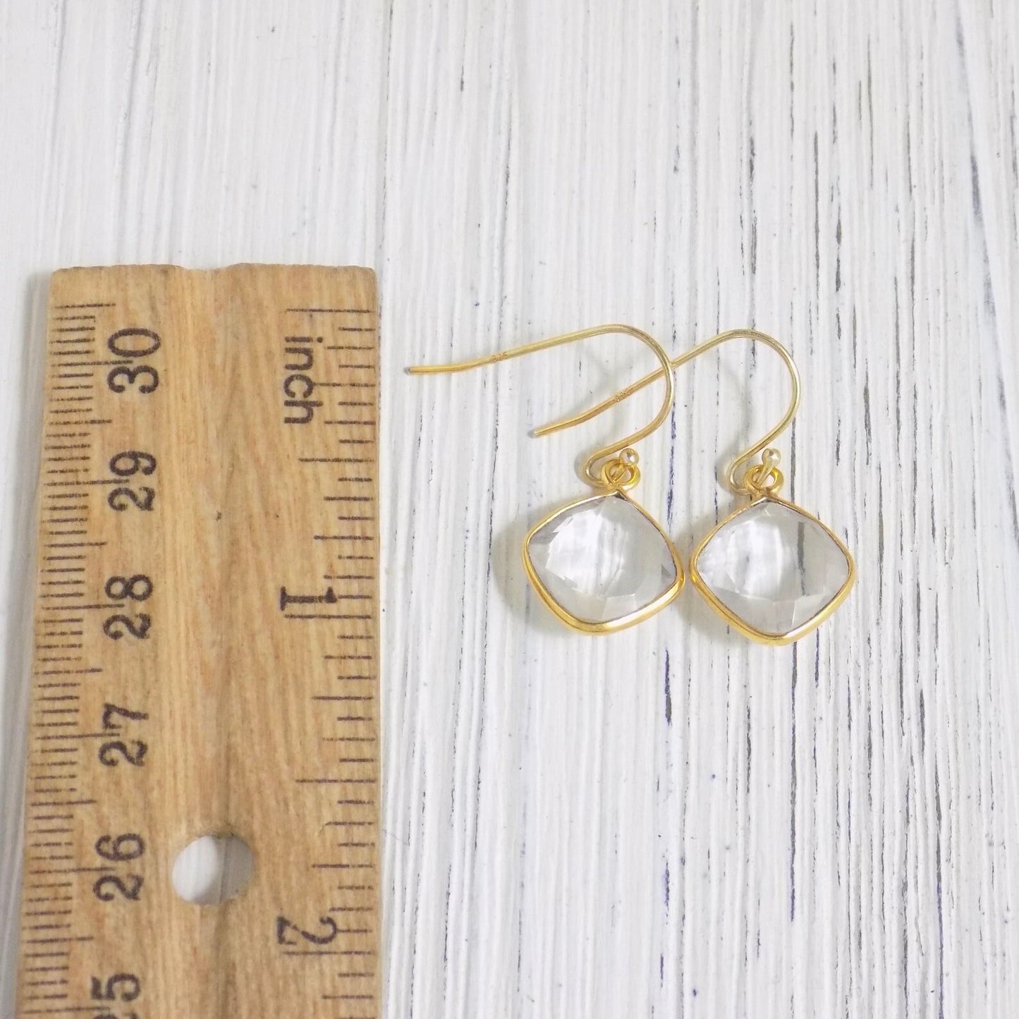 Valentines Day Gift, Minimalist Clear Crystal Drop Earrings Gold Cushion Cut Faceted, M5-300