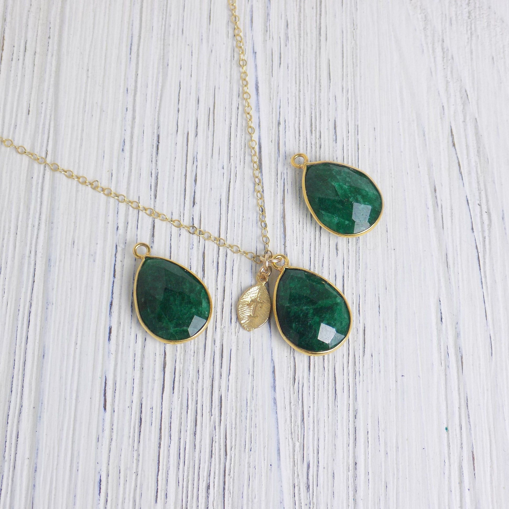 Green Emerald Gemstone Necklace Gold with Personalized Initial, Gifts For Mom, M1-02