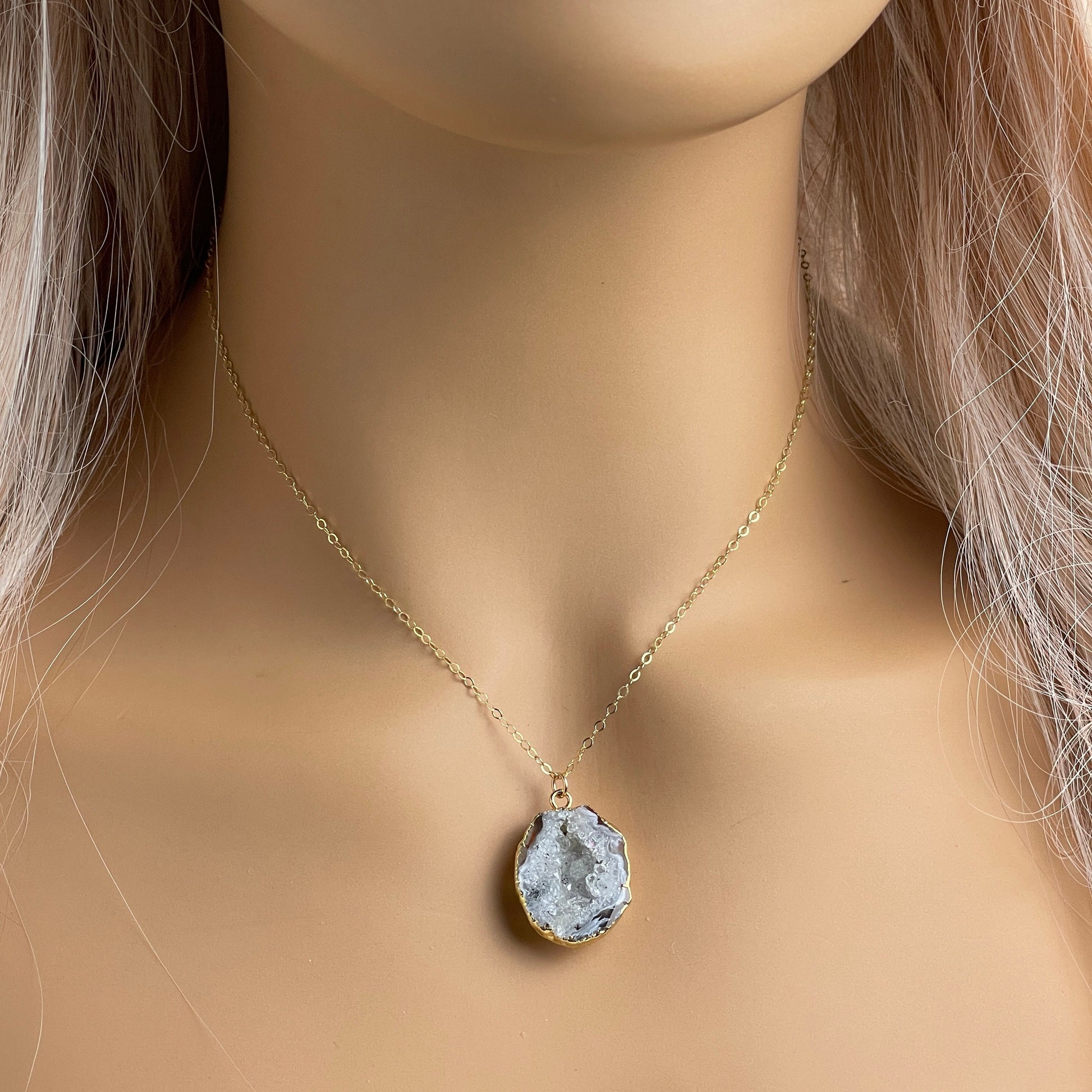 Unique Gifts For Her, White Geode Necklace, Gray Druzy Pendant, Small Geode, Raw Crystal Necklace Gold, G13-435