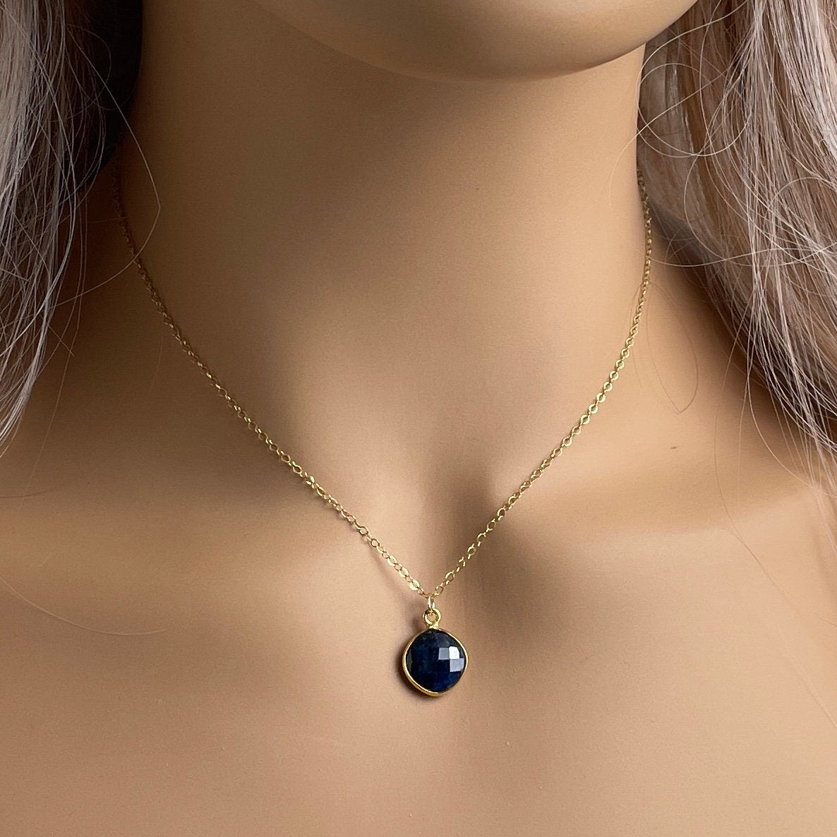 Navy Blue Sapphire Gemstone Necklace Gold Dipped with Personalized Charm, Gifts For Mom, M2-19