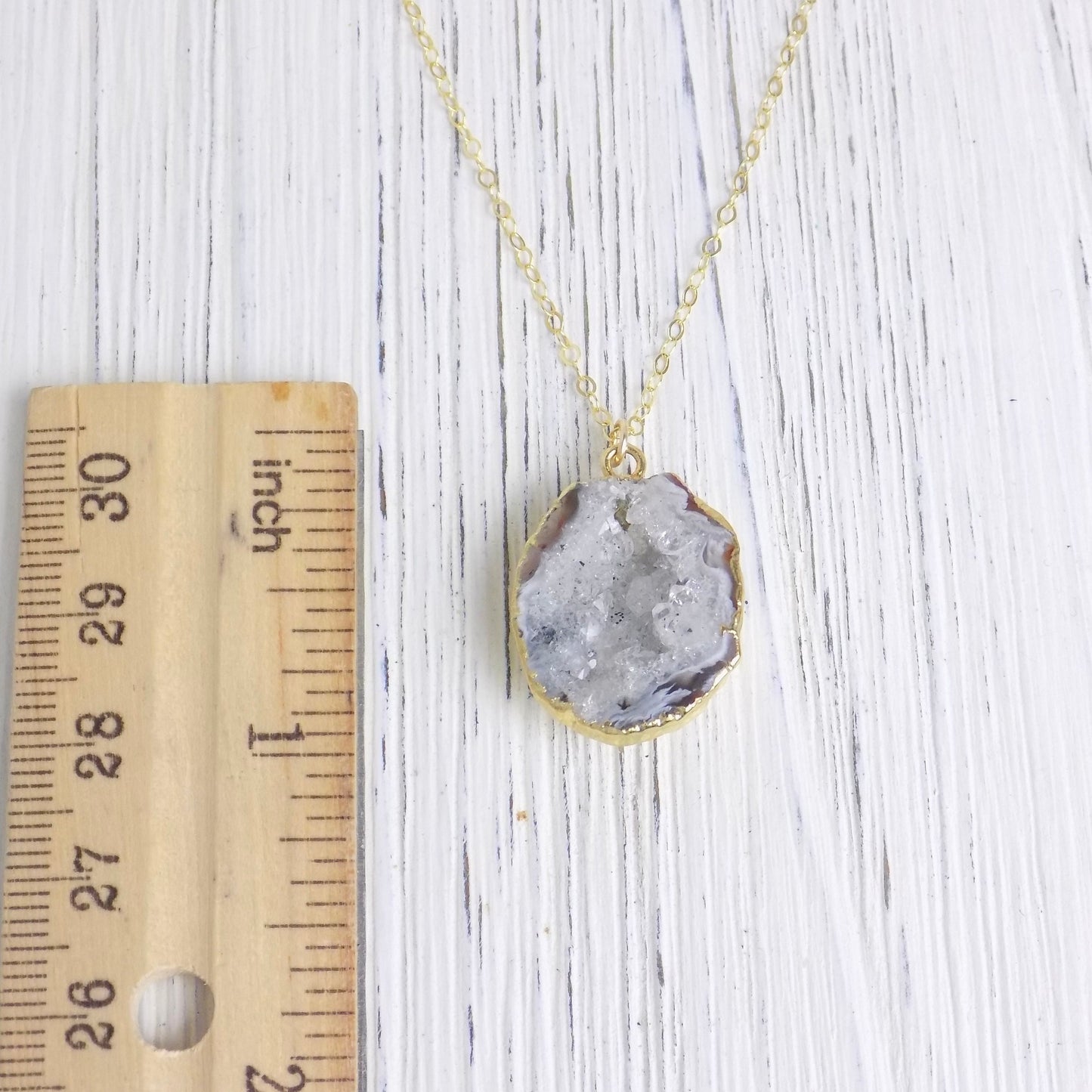 Unique Gifts For Her, White Geode Necklace, Gray Druzy Pendant, Small Geode, Raw Crystal Necklace Gold, G13-435