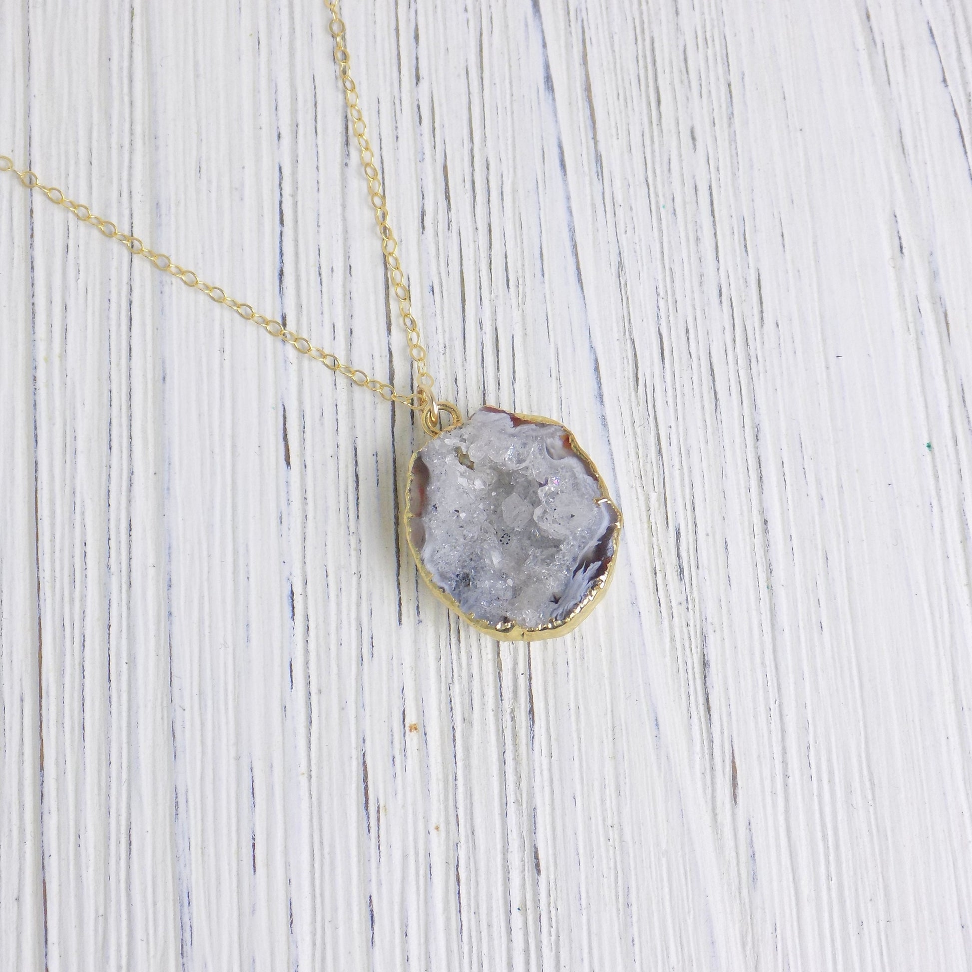 Unique Gifts For Her, White Geode Necklace, Gray Druzy Pendant, Small Geode, Raw Crystal Necklace Gold, G13-435