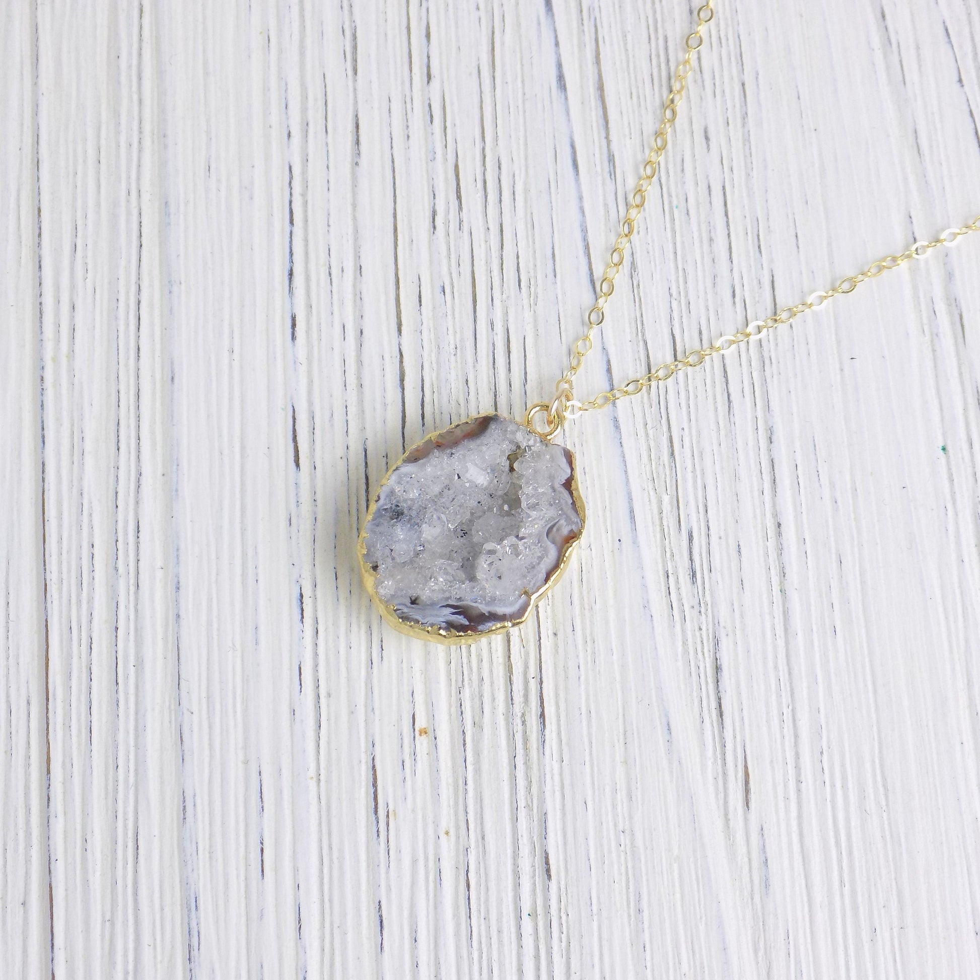 Unique Gifts For Her, White Geode Necklace, Gray Druzy Pendant, Small Geode, Raw Crystal Necklace Gold, G13-435