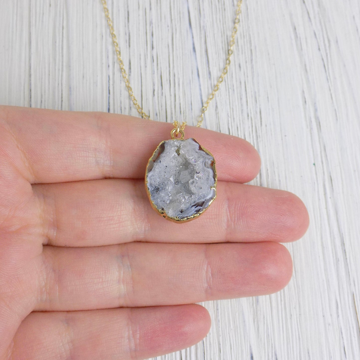 Unique Gifts For Her, White Geode Necklace, Gray Druzy Pendant, Small Geode, Raw Crystal Necklace Gold, G13-435