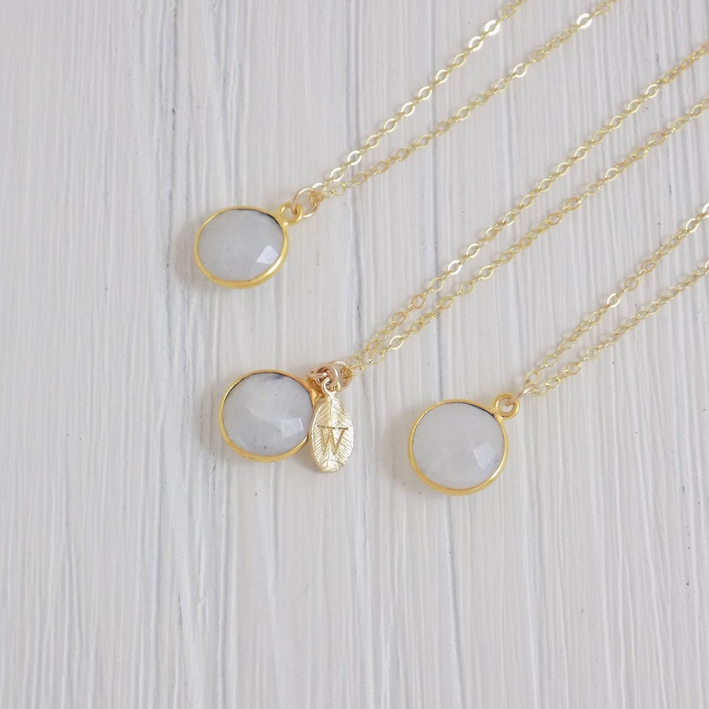 Round Moonstone Gemstone Necklace with Personalized Initial Gold, White Crystal, M3-12