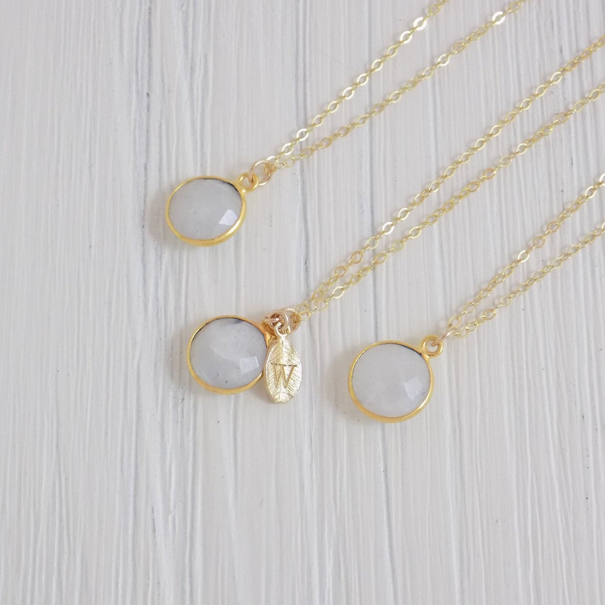 Round Moonstone Gemstone Necklace with Personalized Initial Gold, White Crystal, M3-12