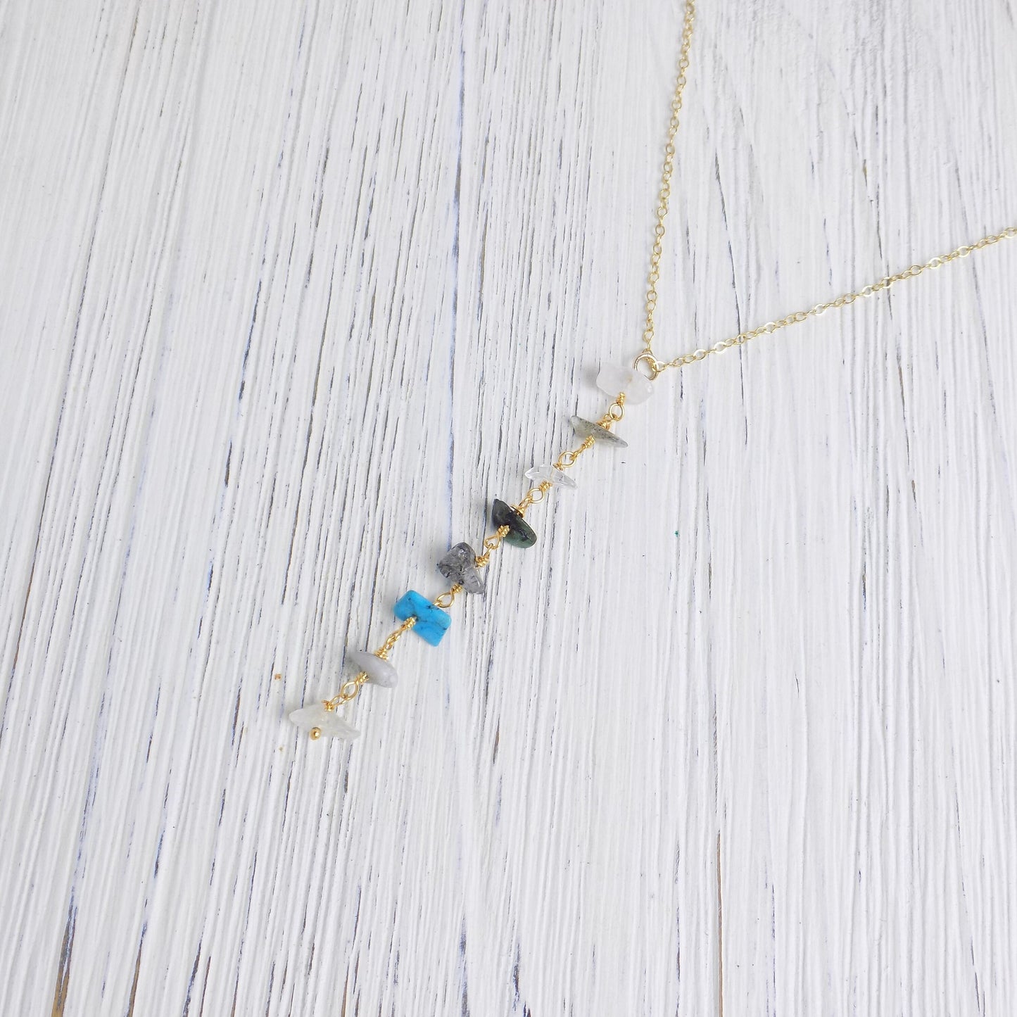 Gemstone Lariat Necklace, Colorful Crystal Y Necklace Gold, Labradorite Turquoise Aquamarine Rutilated Quartz, Gift For Mom, M6-28