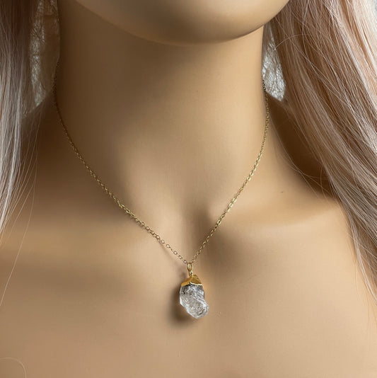 Custom Raw Herkimer Diamond Natural Gemstone Necklace on 14K Gold Filled Chain with Stamped Initial Charm, M6-29