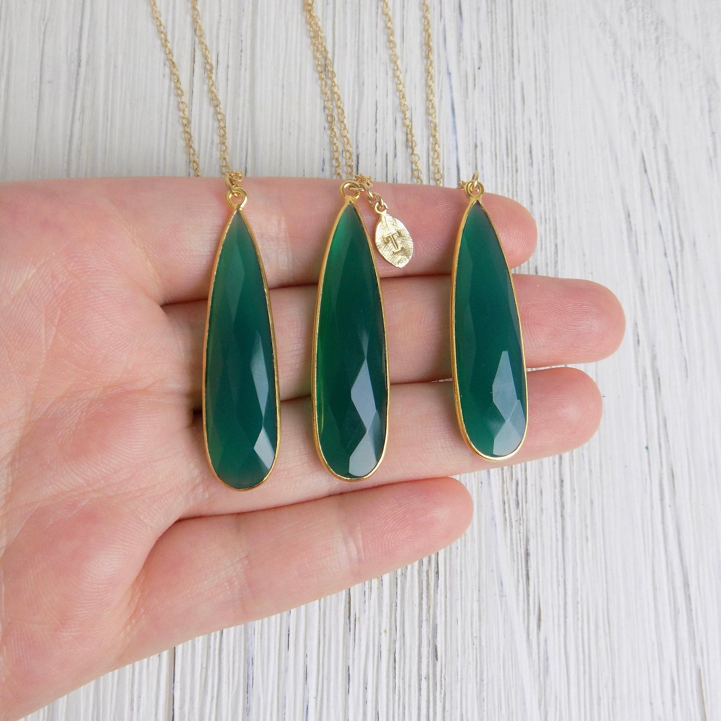 Gifts For Her, Large Green Onyx Necklace with Custom Initial Charm on 14K Gold Filled Chain, M6-36