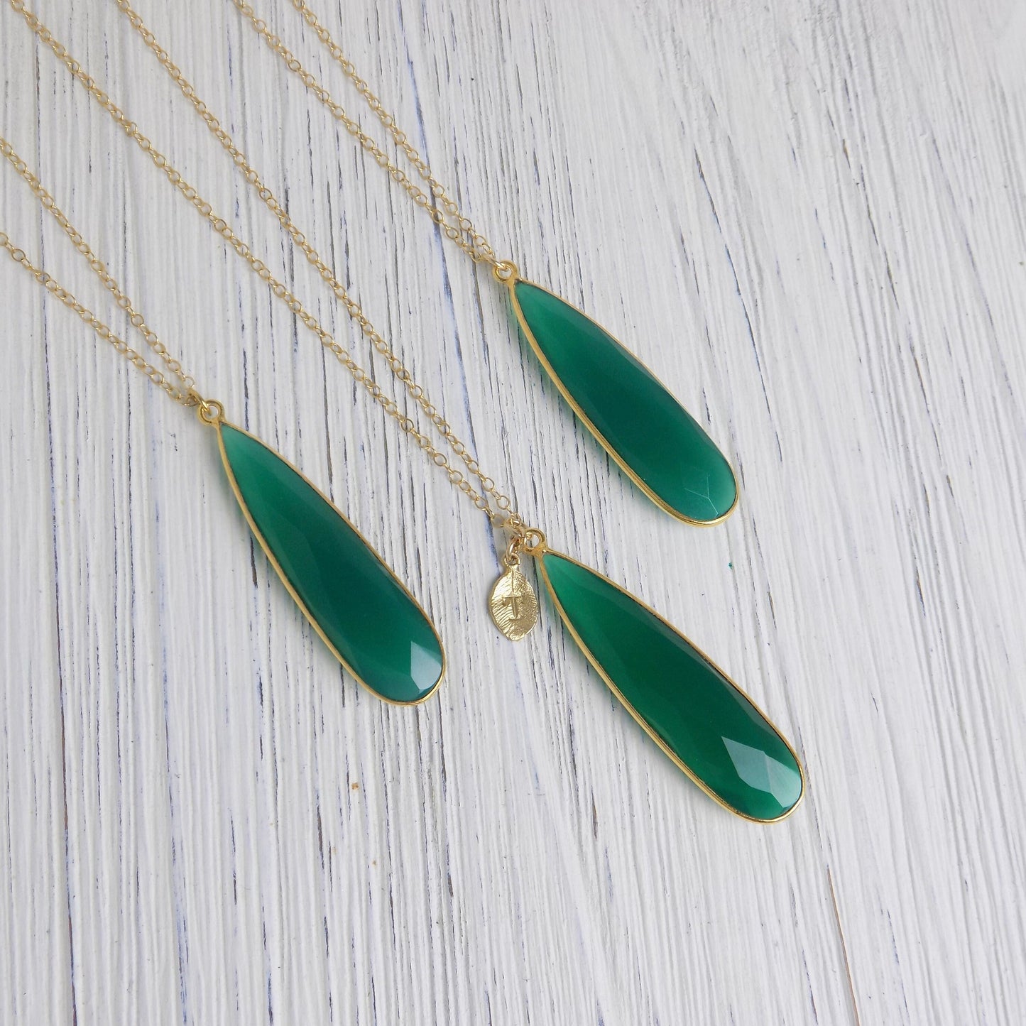 Gifts For Her, Large Green Onyx Necklace with Custom Initial Charm on 14K Gold Filled Chain, M6-36