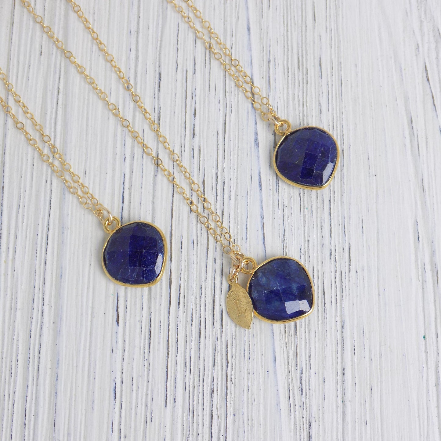 Natural Blue Sapphire Gemstone Necklace With Custom Initial on 14K Gold Filled Chain, M5-398