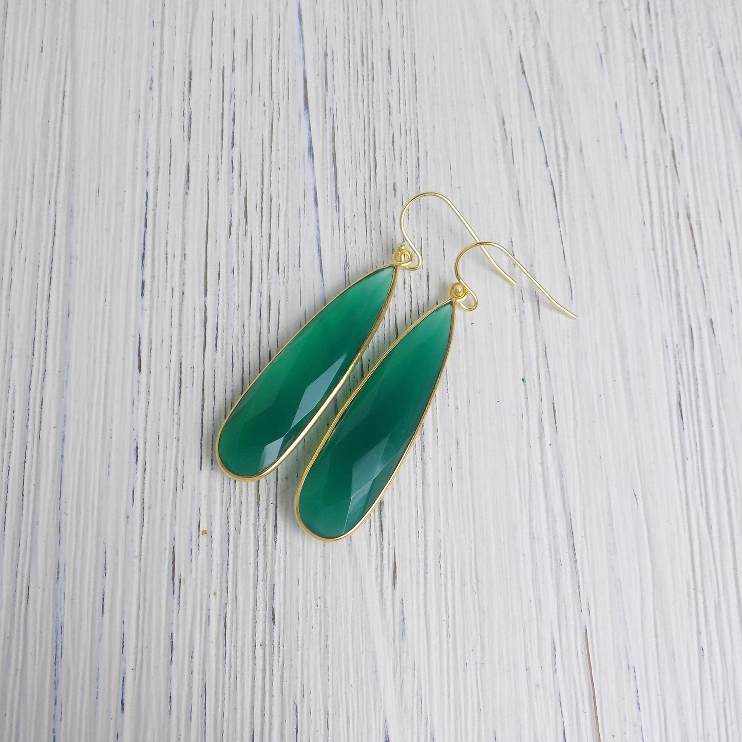 Large Green Onyx Drop Earrings in Gold, Natural Gemstone Statement, Christmas Gift For Her, M6-22