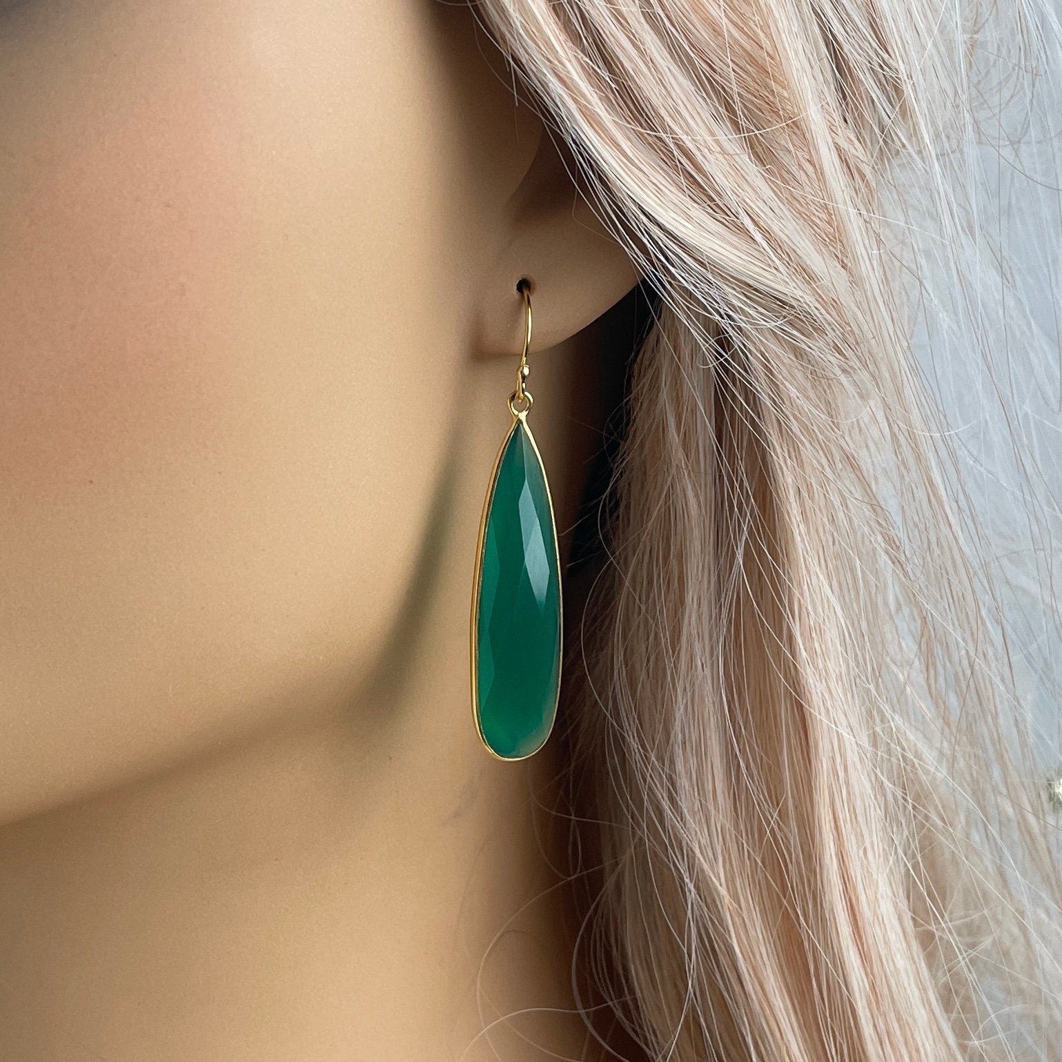 Large Green Onyx Drop Earrings in Gold, Natural Gemstone Statement, Christmas Gift For Her, M6-22