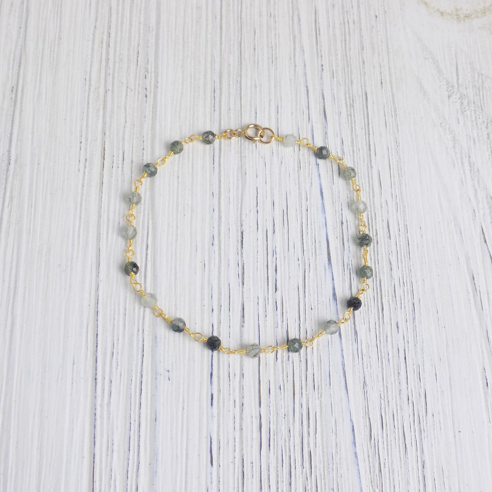 Tiny Moss Agate Bracelet - Green Stone Bracelet Gold