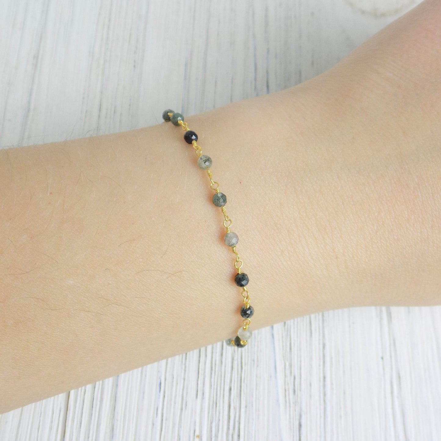 Tiny Moss Agate Bracelet - Green Stone Bracelet Gold