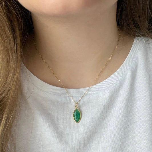 Raw Emerald Necklace Personalized Gold Fill, May Birthstone Necklace, Genuine Emerald Marquise, May Birthday Gift For Wife, M6-88