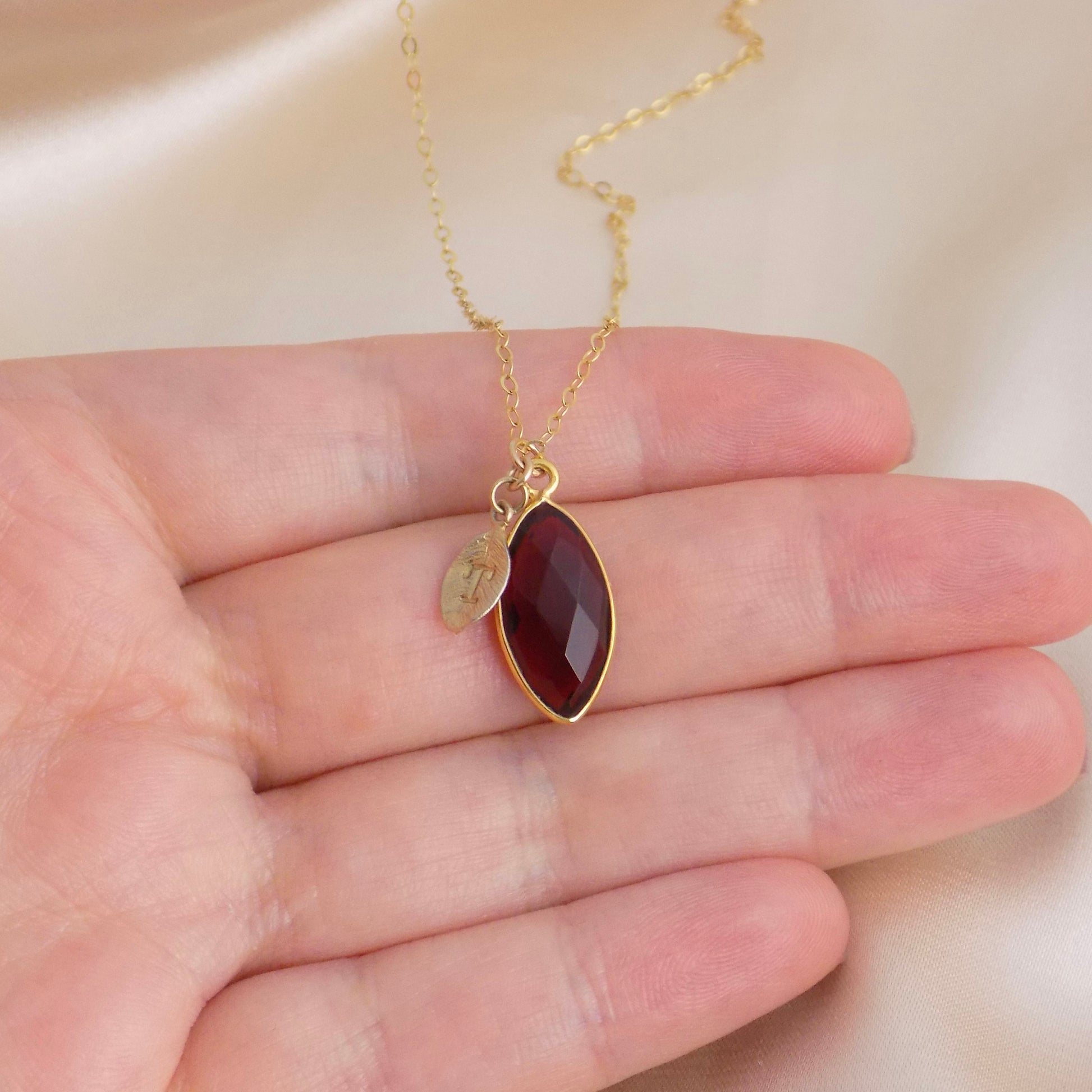 Christmas Gift, Garnet Necklace Gold Personalized, Dark Red Crystal Pendant, Bridesmaid Gift, M6-98