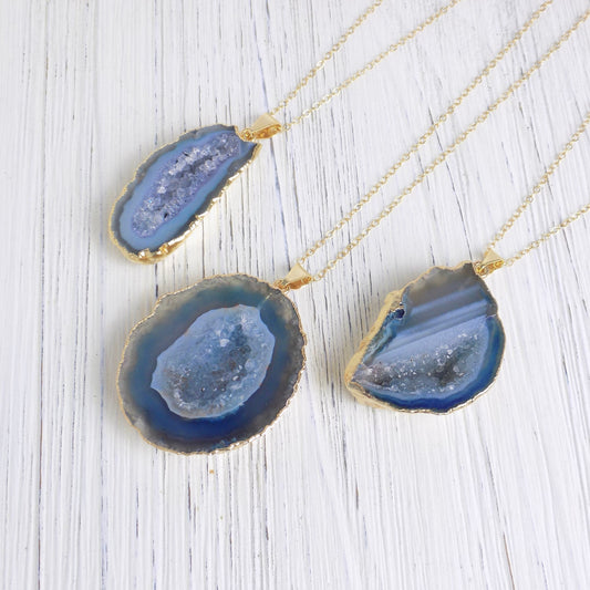 Unique Teacher Gift, Geode Necklace, Light Blue Druzy Necklace, Boho Gemstone Pendant Gold Layer, G13-397