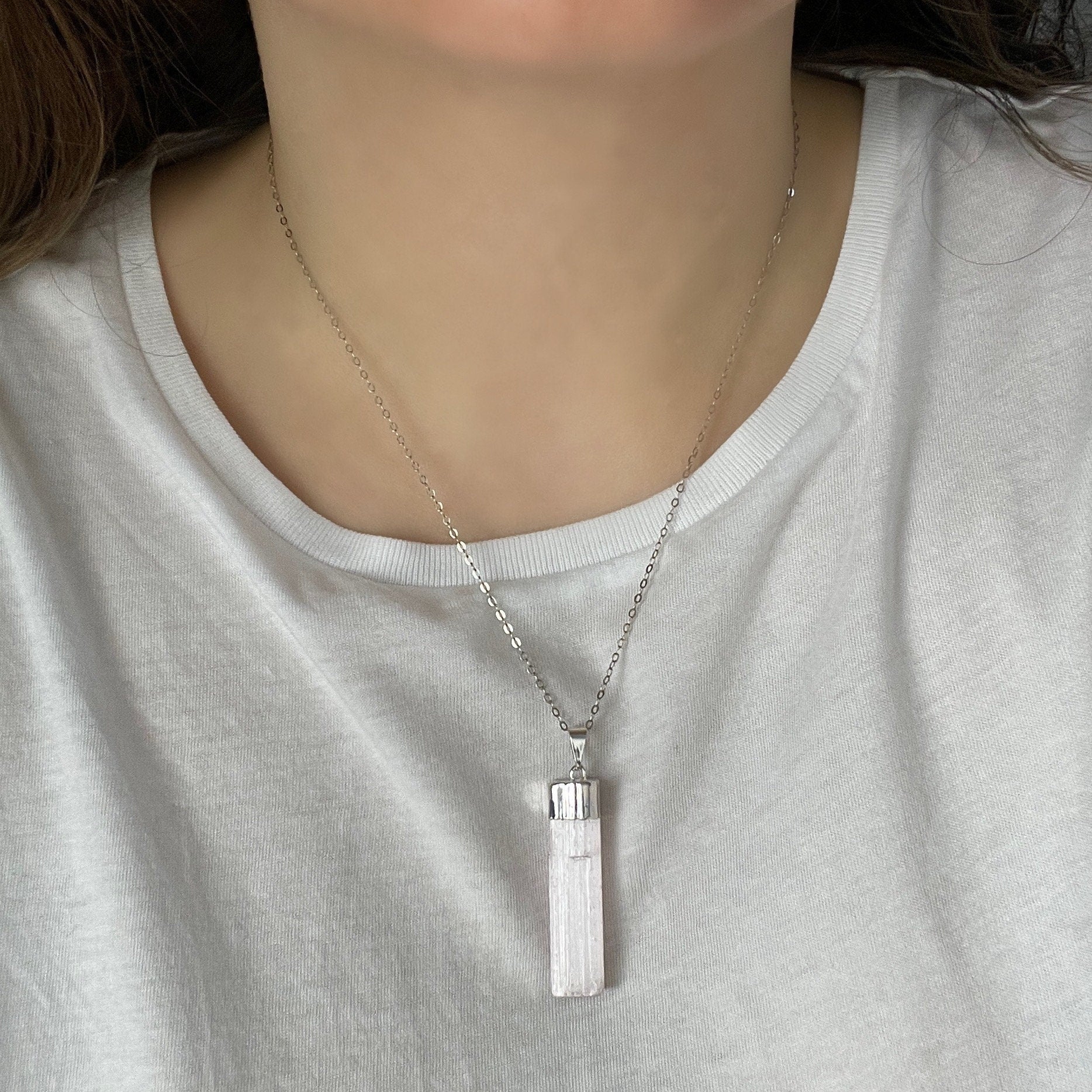 Pink Selenite Necklace Silver - Raw Selenite Pendant Necklace