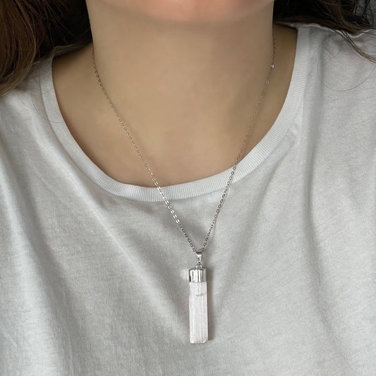 Healing Crystals, Pink Selenite Necklace Silver, Raw Selenite Pendant Necklace, Boho Calming Stone, Gift For Best Friend, G15-217