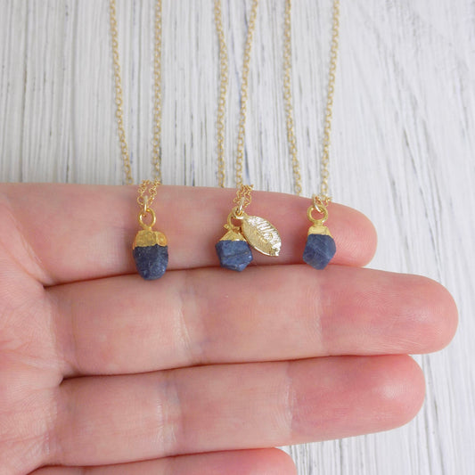 Tiny Sapphire Necklace Gold, Personalized Raw Sapphire Pendant, Navy Blue Crystals, September Borthday Gift For Best Friend, M5-610