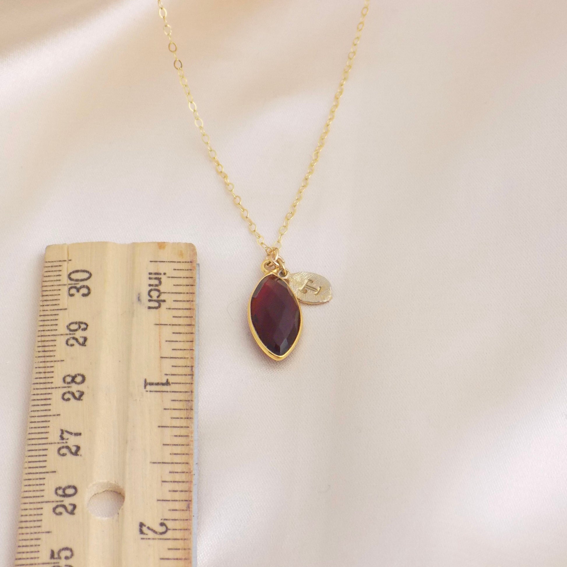 Christmas Gift, Garnet Necklace Gold Personalized, Dark Red Crystal Pendant, Bridesmaid Gift, M6-98