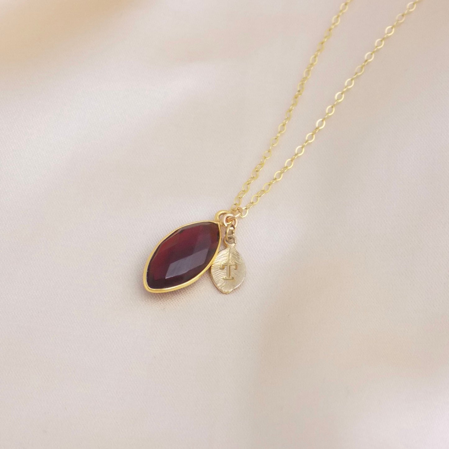 Christmas Gift, Garnet Necklace Gold Personalized, Dark Red Crystal Pendant, Bridesmaid Gift, M6-98