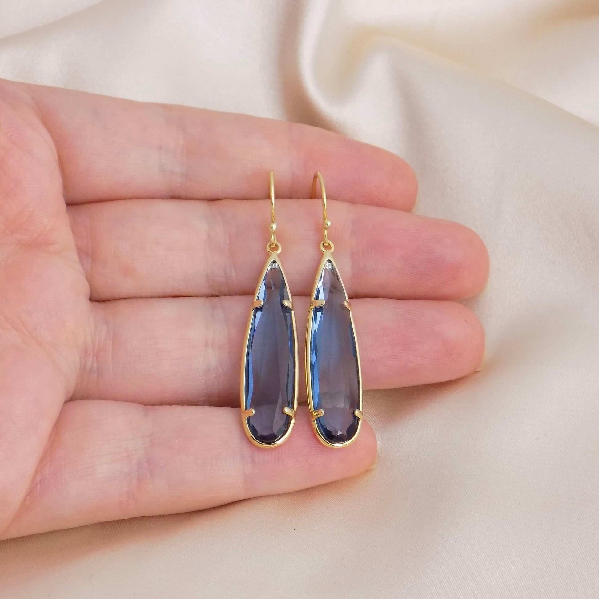 Valentines Day Gift, Large Blue Crystal Earrings Gold, Blue Stone Statement Earring, M6-139