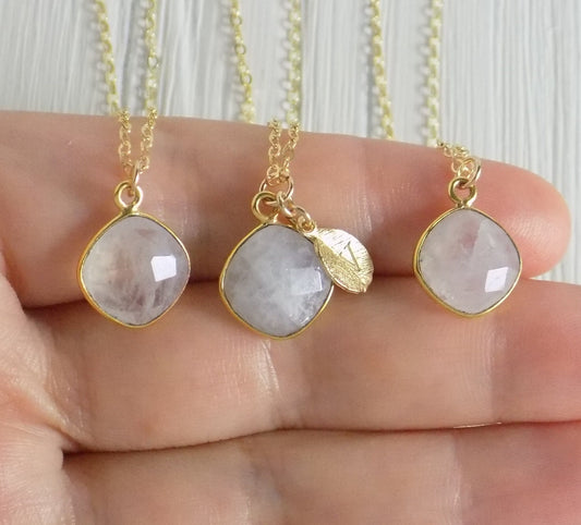 Valentines Day Gift, White Moonstone Necklace with Personalized Initial Charm on 14K Gold Filled Chain, M3-06