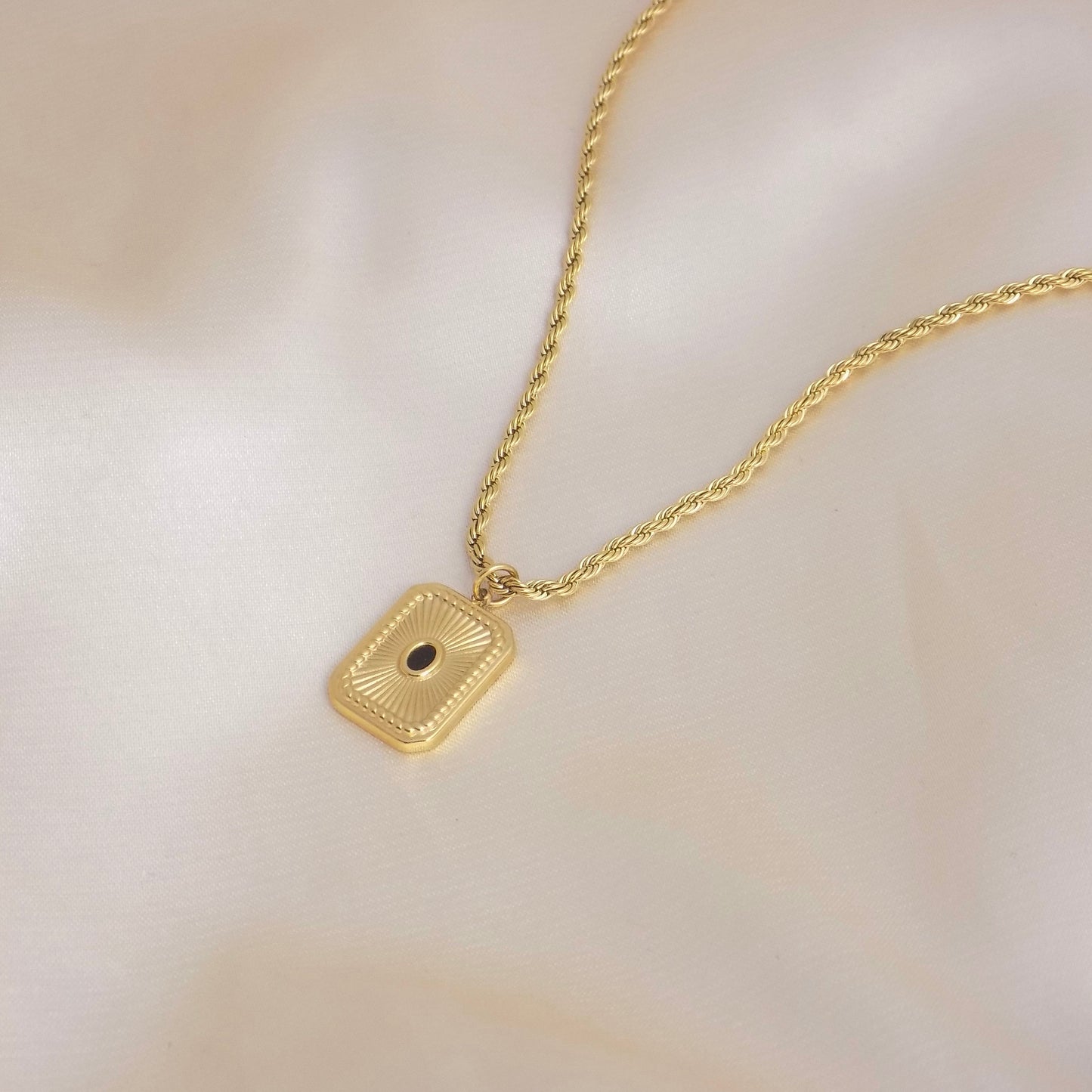 18K Gold Stainless Steel Tag Necklace on Rope Chain, Minimalist Trendy Layering Rectangle Charm, M6-115