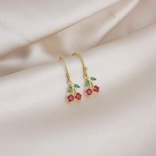 Tiny Cherry Earrings Gold, Small Red Cherry Charm Earring, Cubic Zirconia Crystals, Christmas Gifts For Her, M6-152