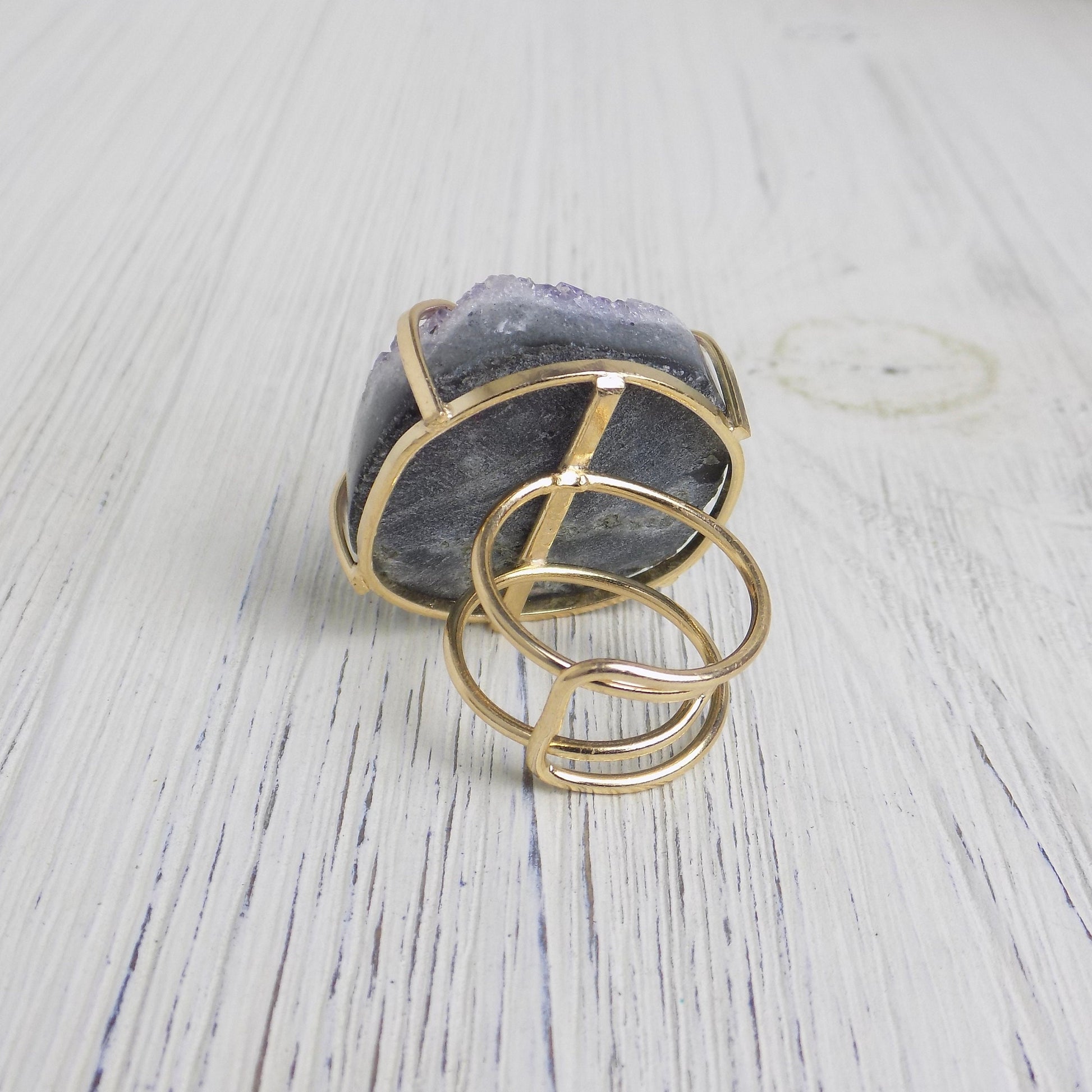 Large Raw Amethyst Statement Ring For Women, Gold Plated Adjustable, Gifts For Mom, G14-22