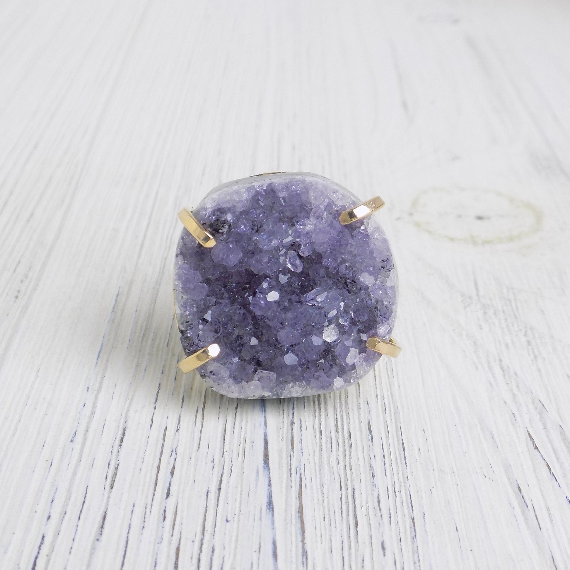 Large Raw Amethyst Statement Ring For Women, Gold Plated Adjustable, Gifts For Mom, G14-22