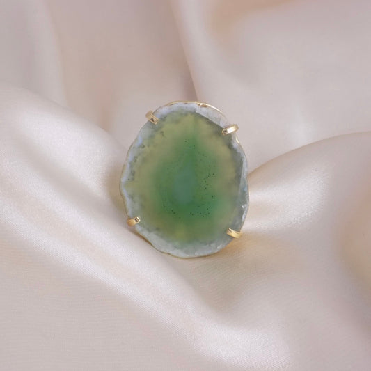 Natural Agate Ring Gold Adjustable - Green Boho Geode Ring