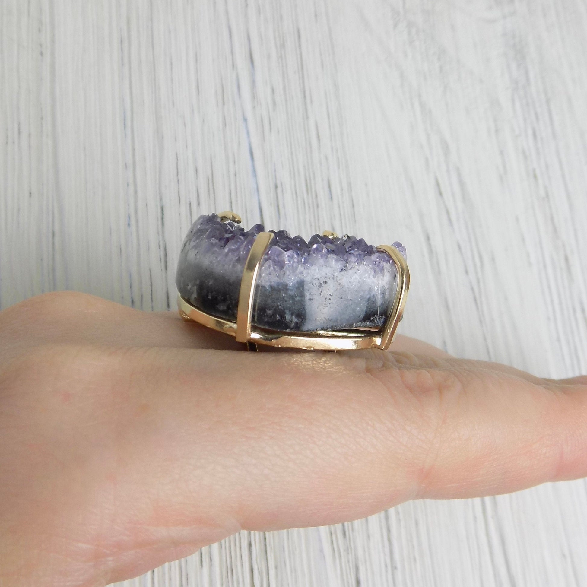 Large Raw Amethyst Statement Ring For Women, Gold Plated Adjustable, Gifts For Mom, G14-22