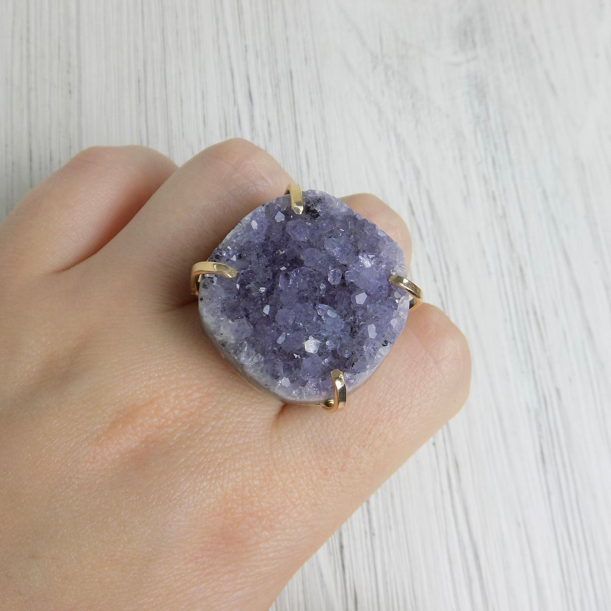 Large Raw Amethyst Statement Ring For Women, Gold Plated Adjustable, Gifts For Mom, G14-22