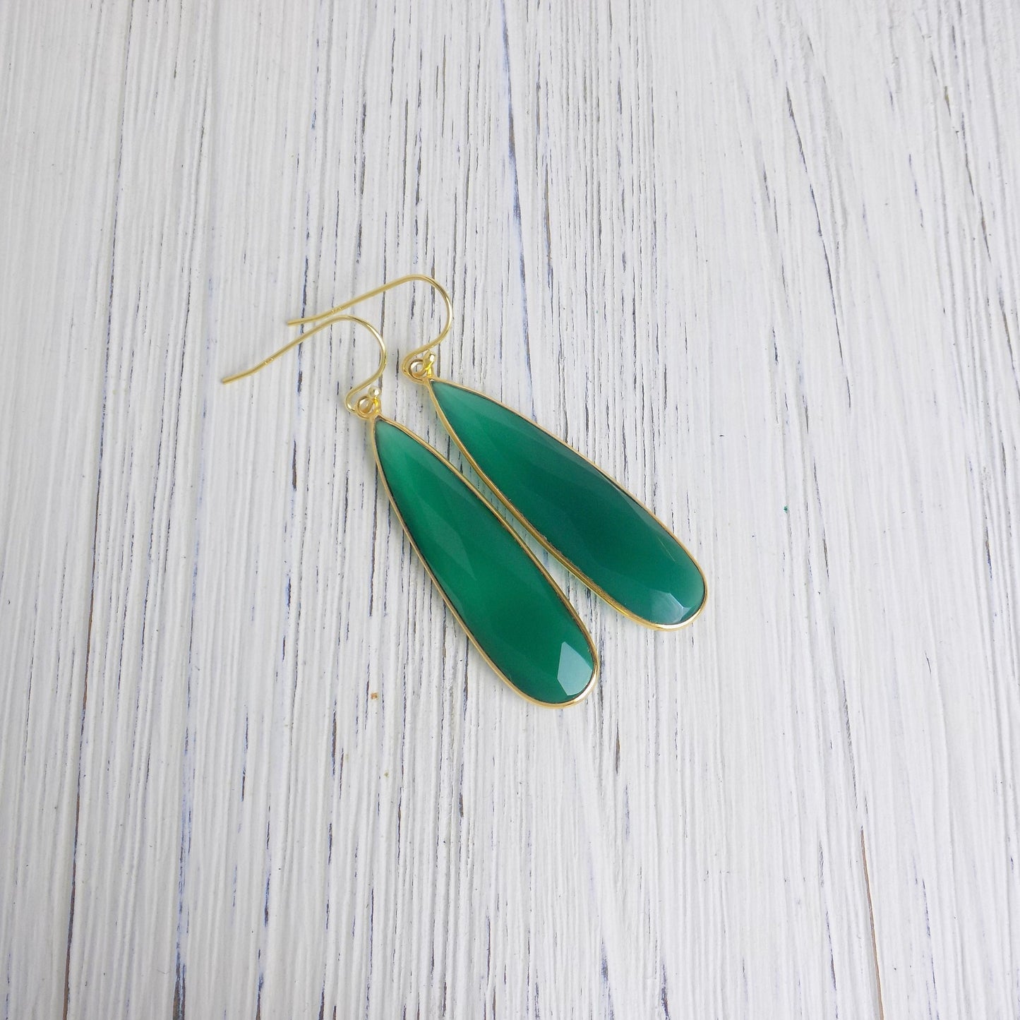 Large Green Onyx Drop Earrings in Gold, Natural Gemstone Statement, Christmas Gift For Her, M6-22