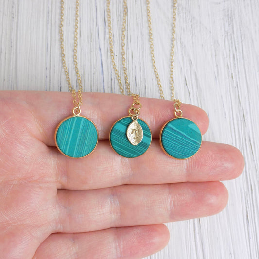 Natural Gemstone Malachite Necklace with Custom Initial Charm on 14K Gold Filled Chain, M6-34