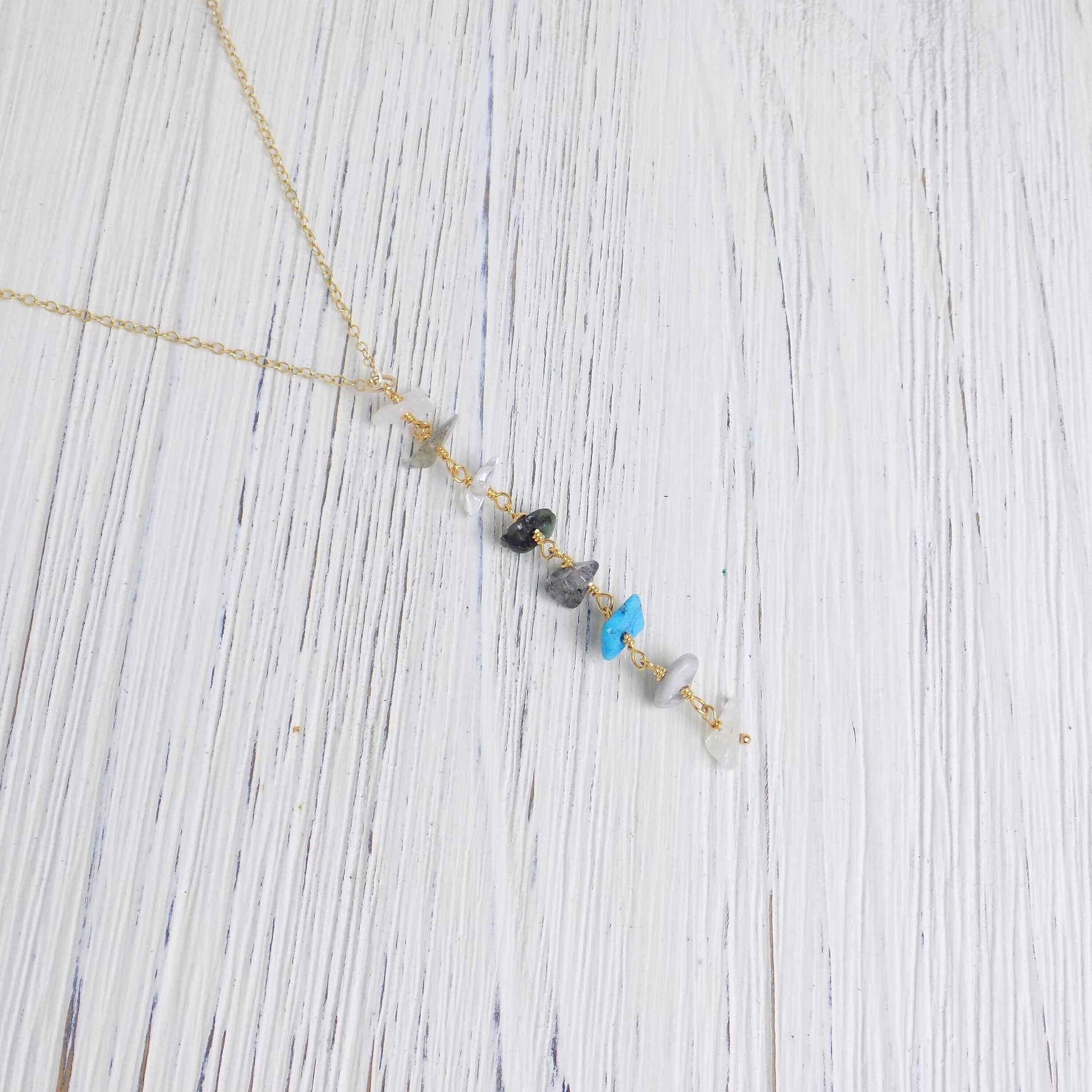 Gemstone Lariat Necklace, Colorful Crystal Y Necklace Gold, Labradorite Turquoise Aquamarine Rutilated Quartz, Gift For Mom, M6-28