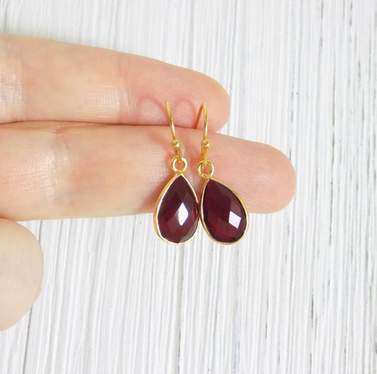 Small Garnet Earrings Gold, Dark Red Stone Drop Earring Burgundy, Teardrop Faceted Crystal Dangle, Bridesmaid Gifts, M4-42