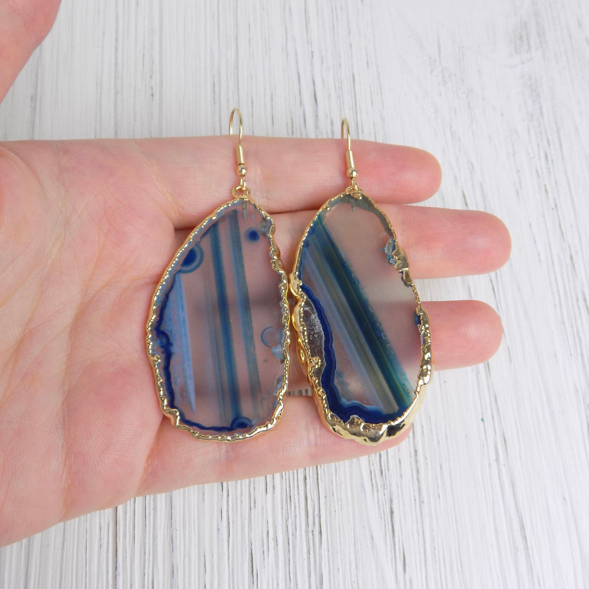 Large Statement Blue Agate Slice Dangle Earrings Gold Plated, Christmas Gift Women, G14-106