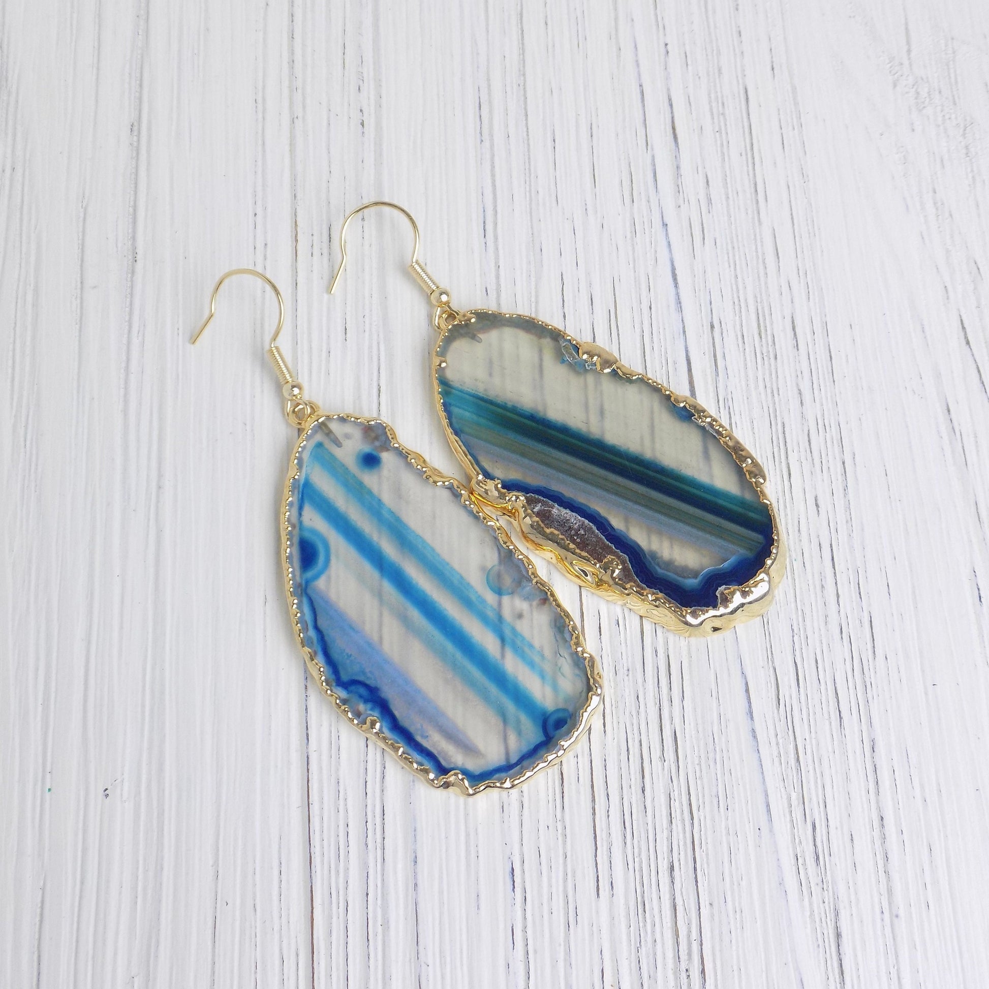 Large Statement Blue Agate Slice Dangle Earrings Gold Plated, Christmas Gift Women, G14-106