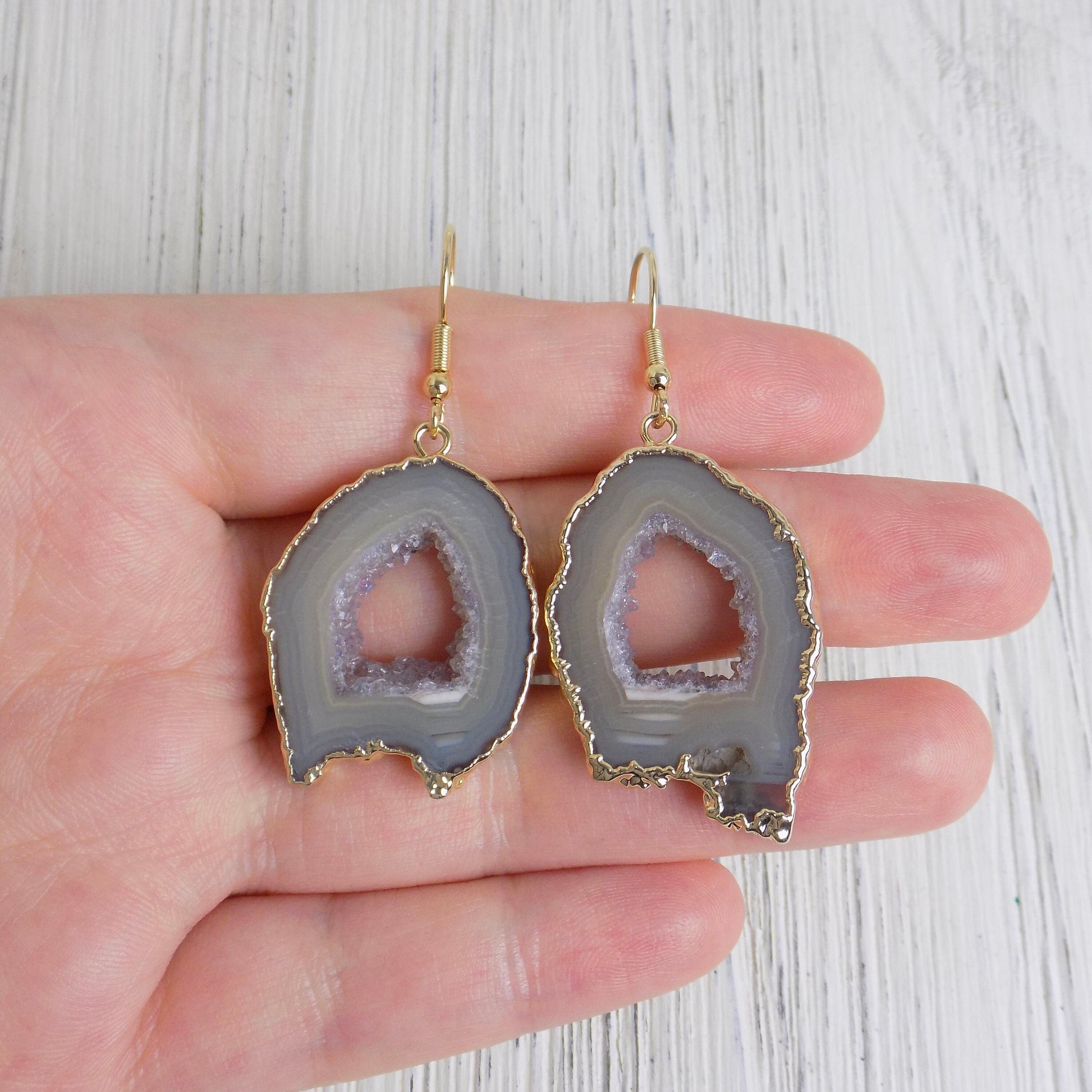 Unique Geode Earrings, Druzy Earrings, Gray Gemstone Dangle Drop, Geode Slice Gold, Bridesmaid Gift For Best Friend, G13-218