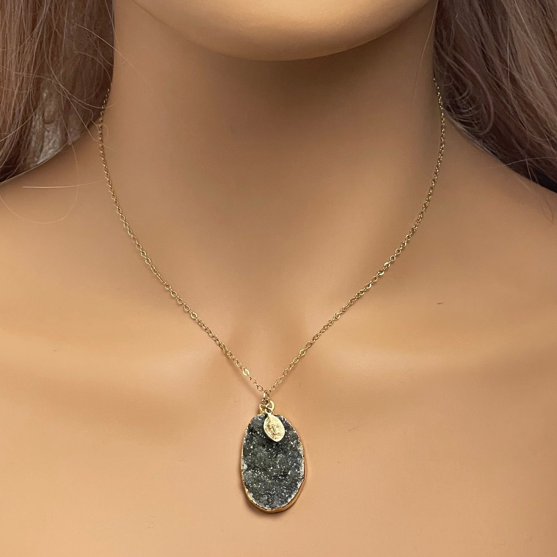 Personalized Natural Druzy Necklace Gold, Dark Gray Crystal Pendant, Christmas Gift For Her, G13-503