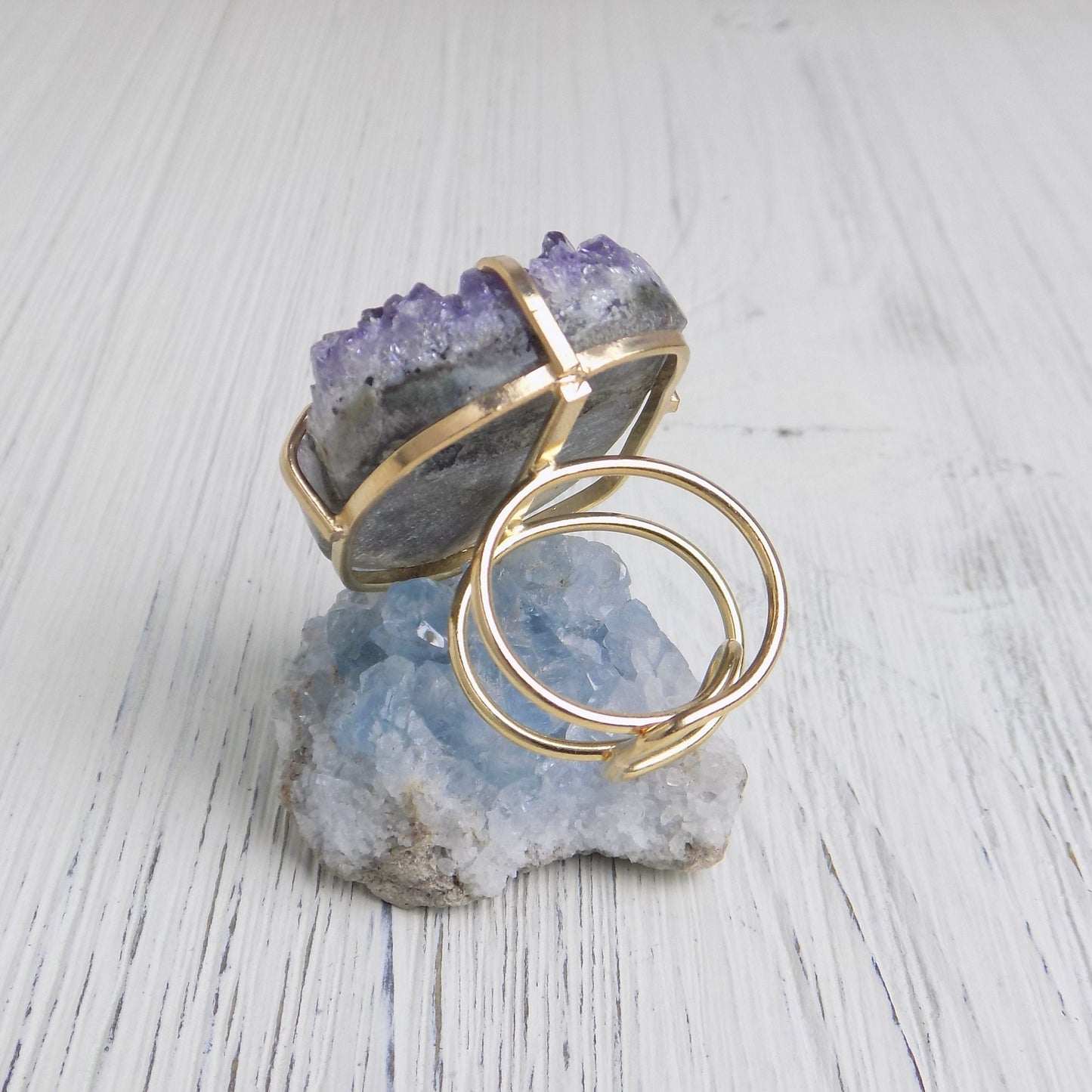 Large Raw Amethyst Druzy Ring Gold Adjustable, Purple Crystal Statement Rings For Women, G14-207