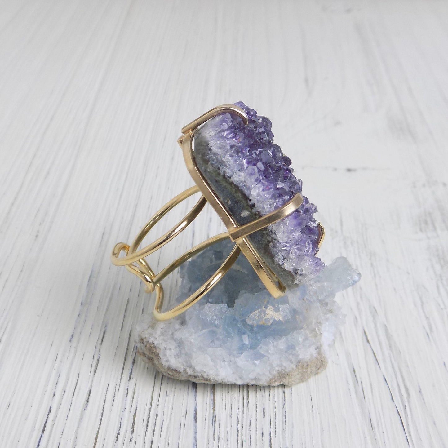 Large Raw Amethyst Druzy Ring Gold Adjustable, Purple Crystal Statement Rings For Women, G14-207