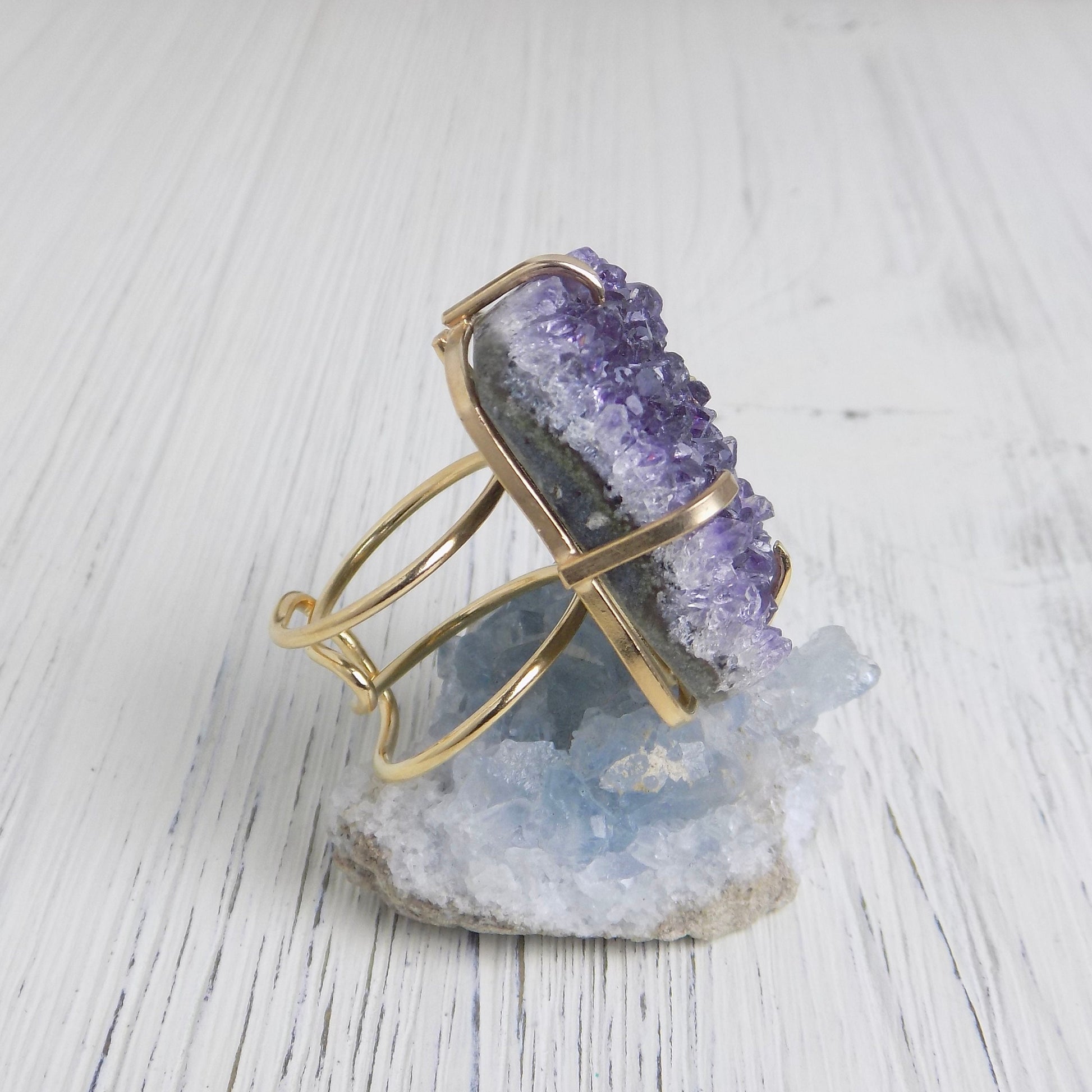 Large Raw Amethyst Druzy Ring Gold Adjustable, Purple Crystal Statement Rings For Women, G14-207