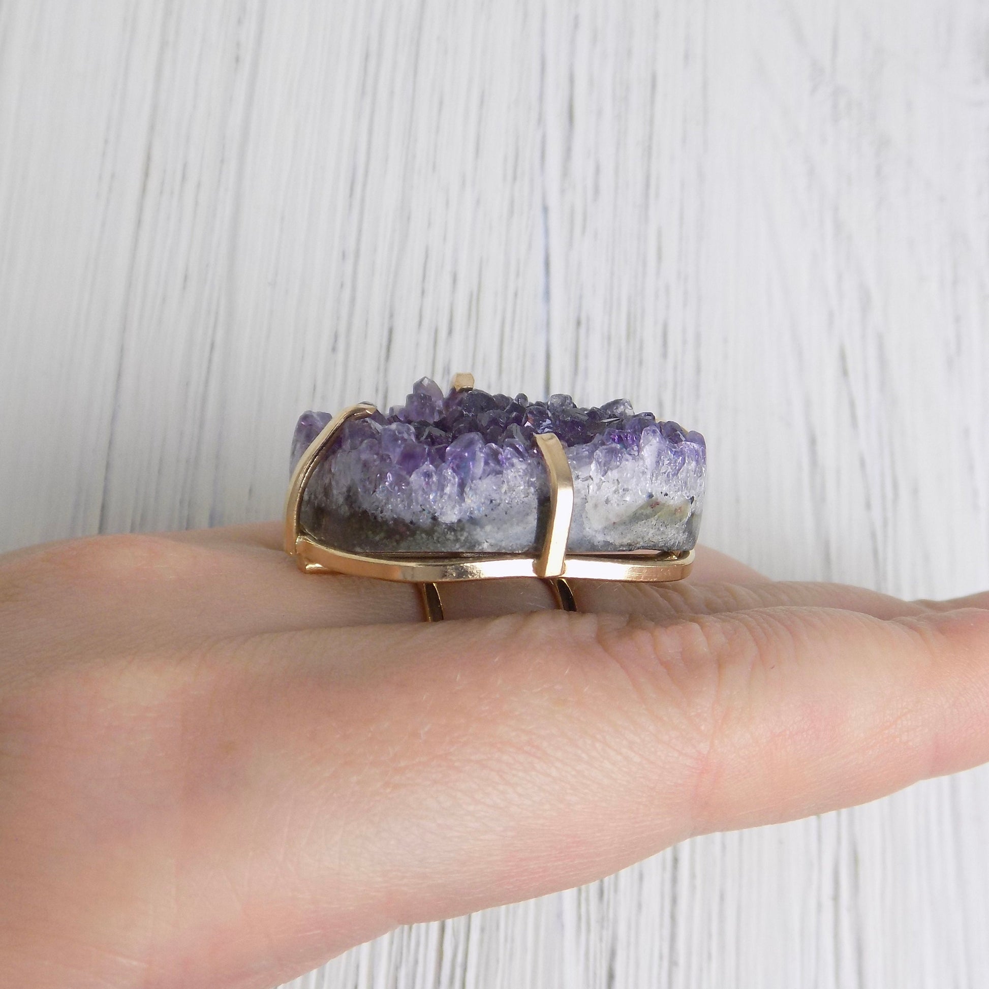 Large Raw Amethyst Druzy Ring Gold Adjustable, Purple Crystal Statement Rings For Women, G14-207